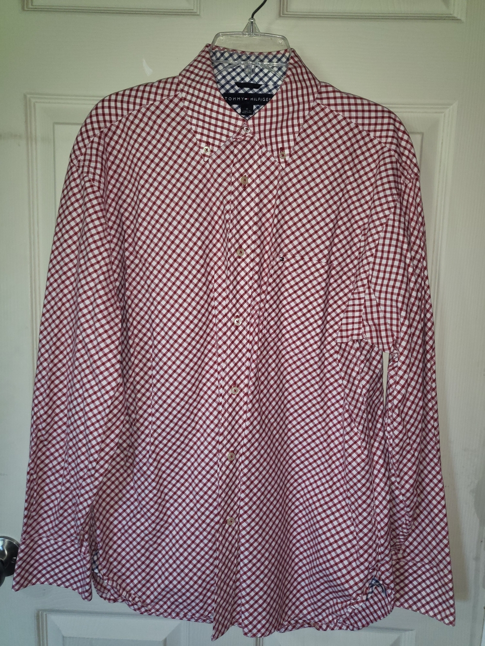Tommy Hilfiger Men’s Red and White Gingham Button-Down Shirt, Medium